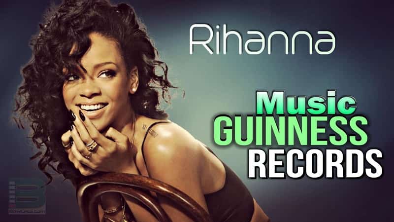 rihanna smilling with black curly hair with caption music guinness world record