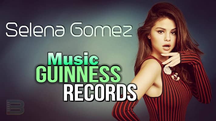 Selena Gomez wearing a red dress, guinness world records