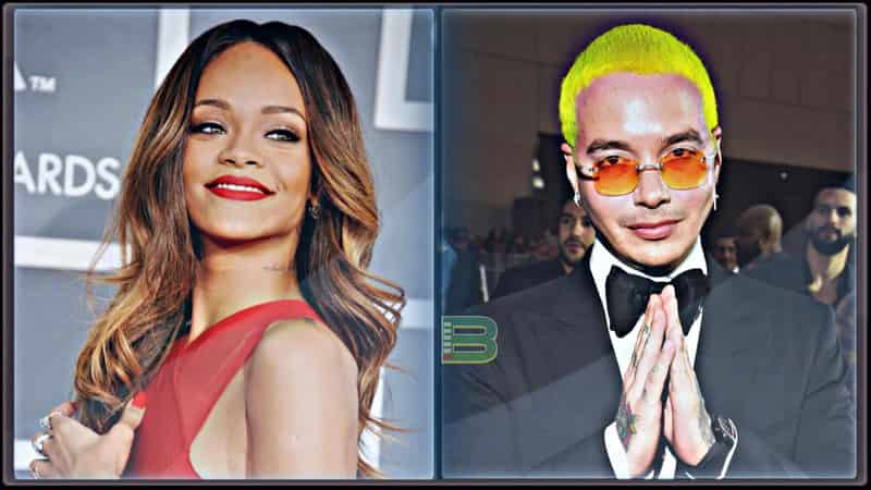 rihanna fenty sexy in a red dress with red lipstick smiling, j balvin with yellow hair with parying hands, meet first time after balvin sexist comment