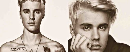 justin bieber with blonde hair and tattoos , holding his hand to chin