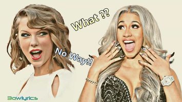 taylor swift with a wow expresion on her face, with a short bob cut and wavy, with a white dress, on right side is cardi b with a fancy dresss in v, with long blonde hair and an excited face smiling, with open mouth and her hands around the face she cant belive she broke the apple music record with invasion of privacy. with caption, what?? from cardi and no way from taylor swift